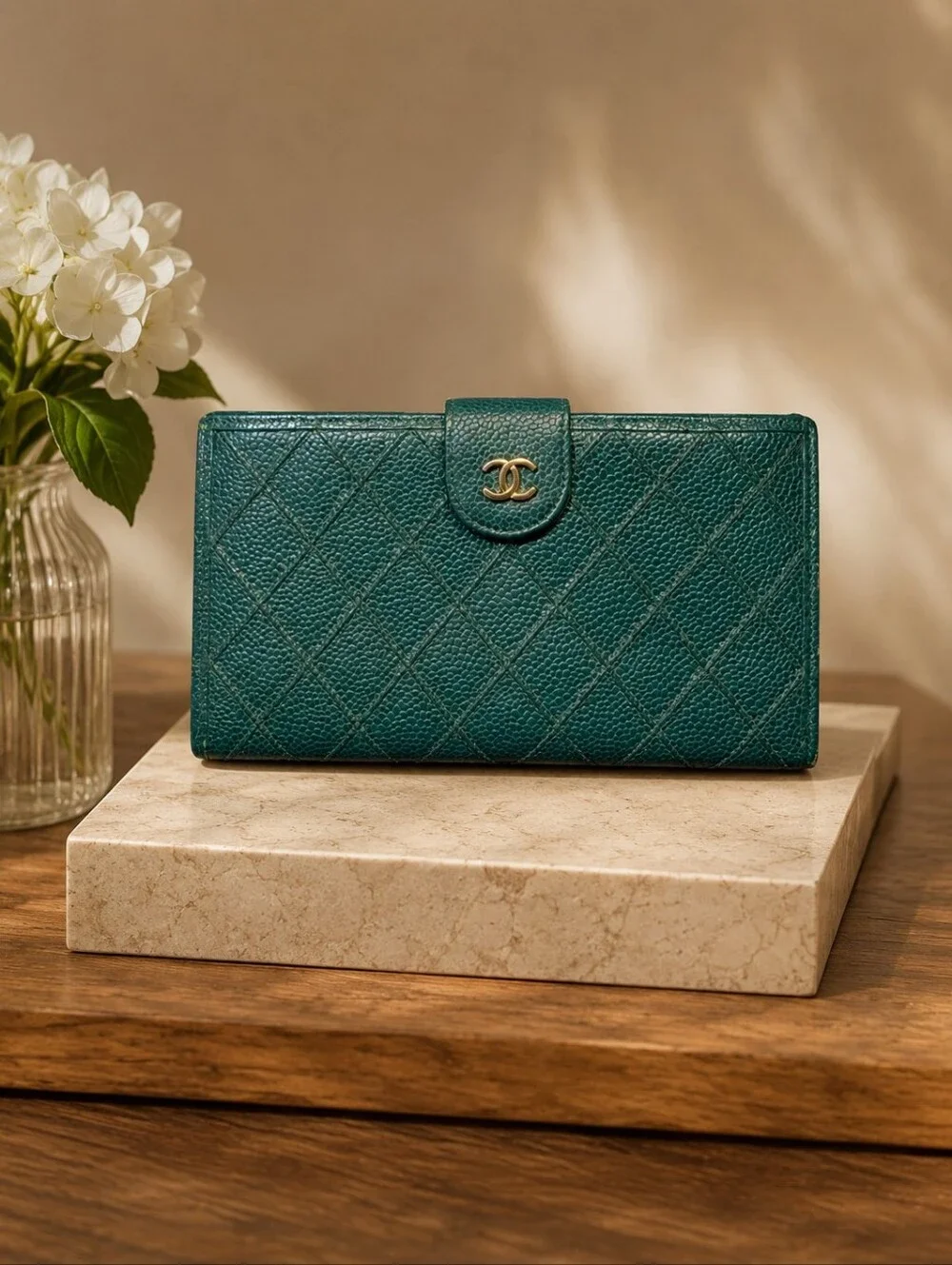 Vintage Chanel Caviar Classic Long Flap Wallet in Emerald Green - WITH COA